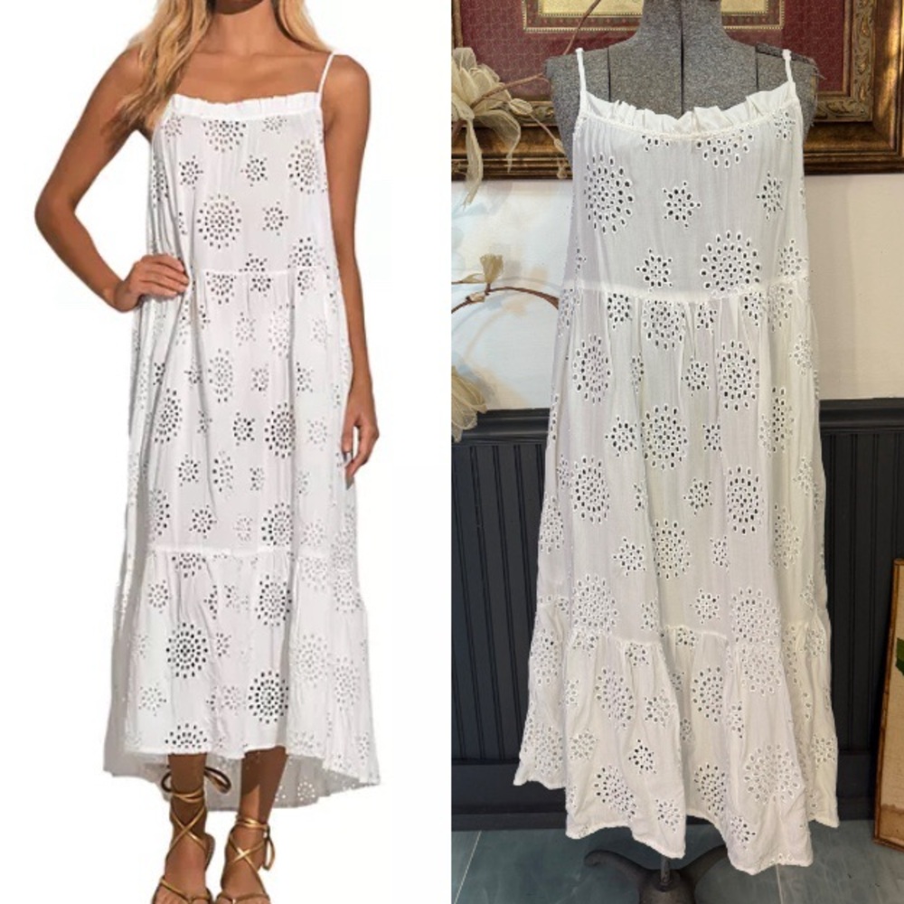 Elan White Eyelet Tiered Cover Up Midi Dress ~ Size XS 💛🍄
